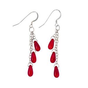 Vintage Sterling Silver 925 Red Glass Dangle Earrings